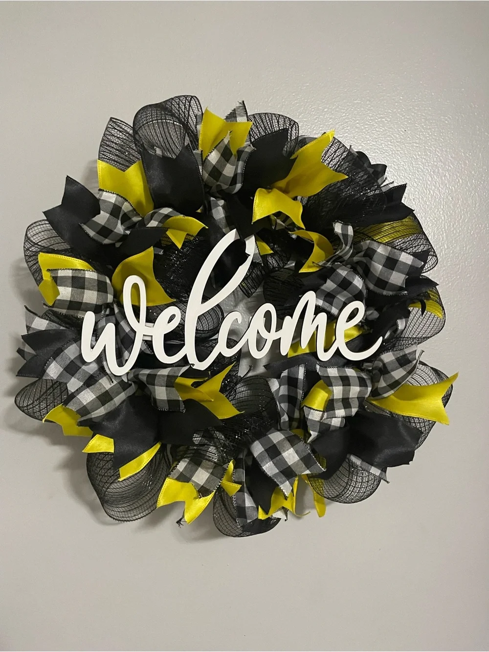 Welcome Yellow & Black Buffalo Check Decorative Wreath